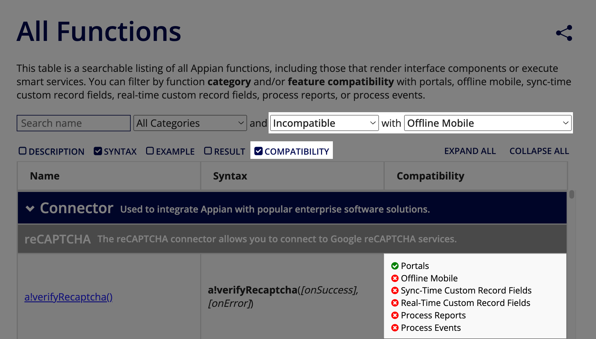 Offline compatibility in function table