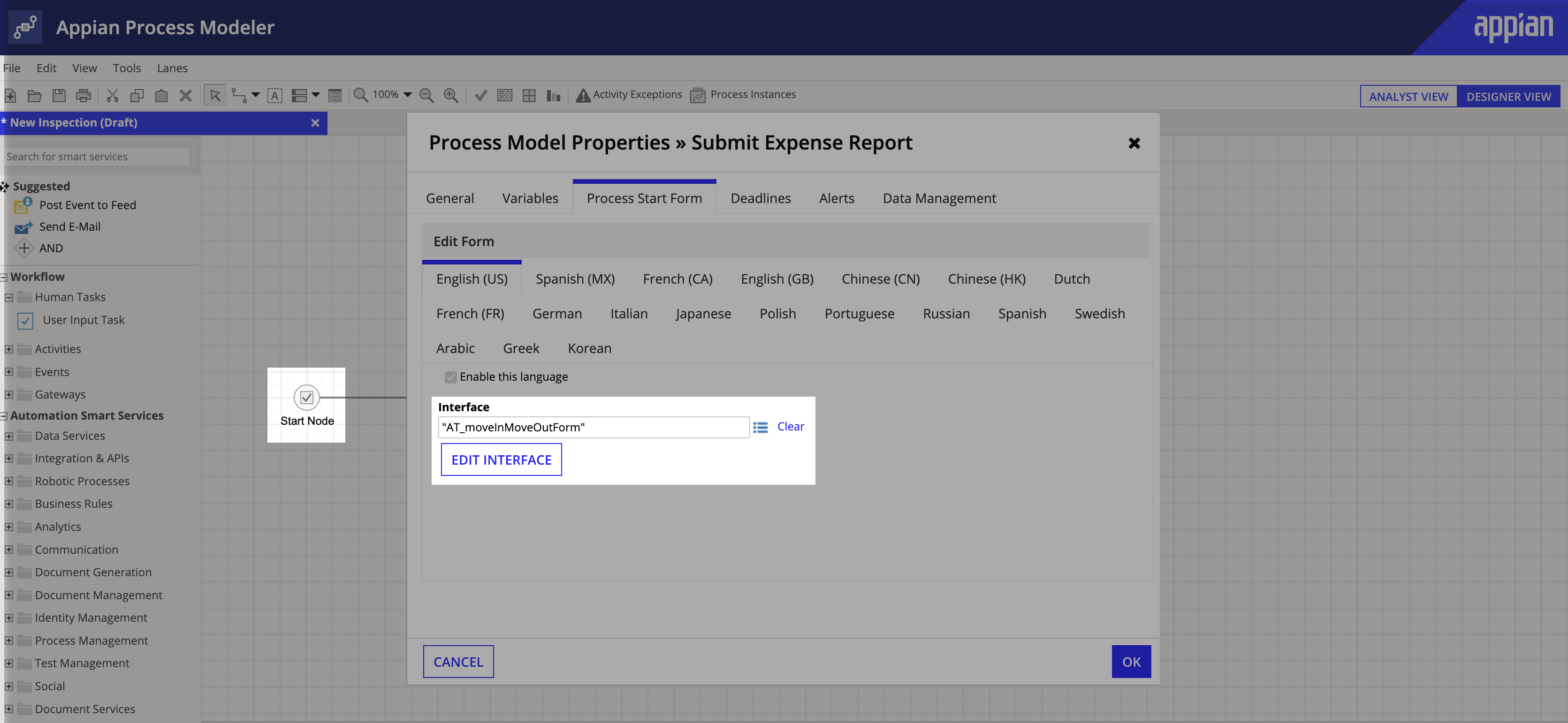 screenshot showing selecting an offline form as a start form in a process model