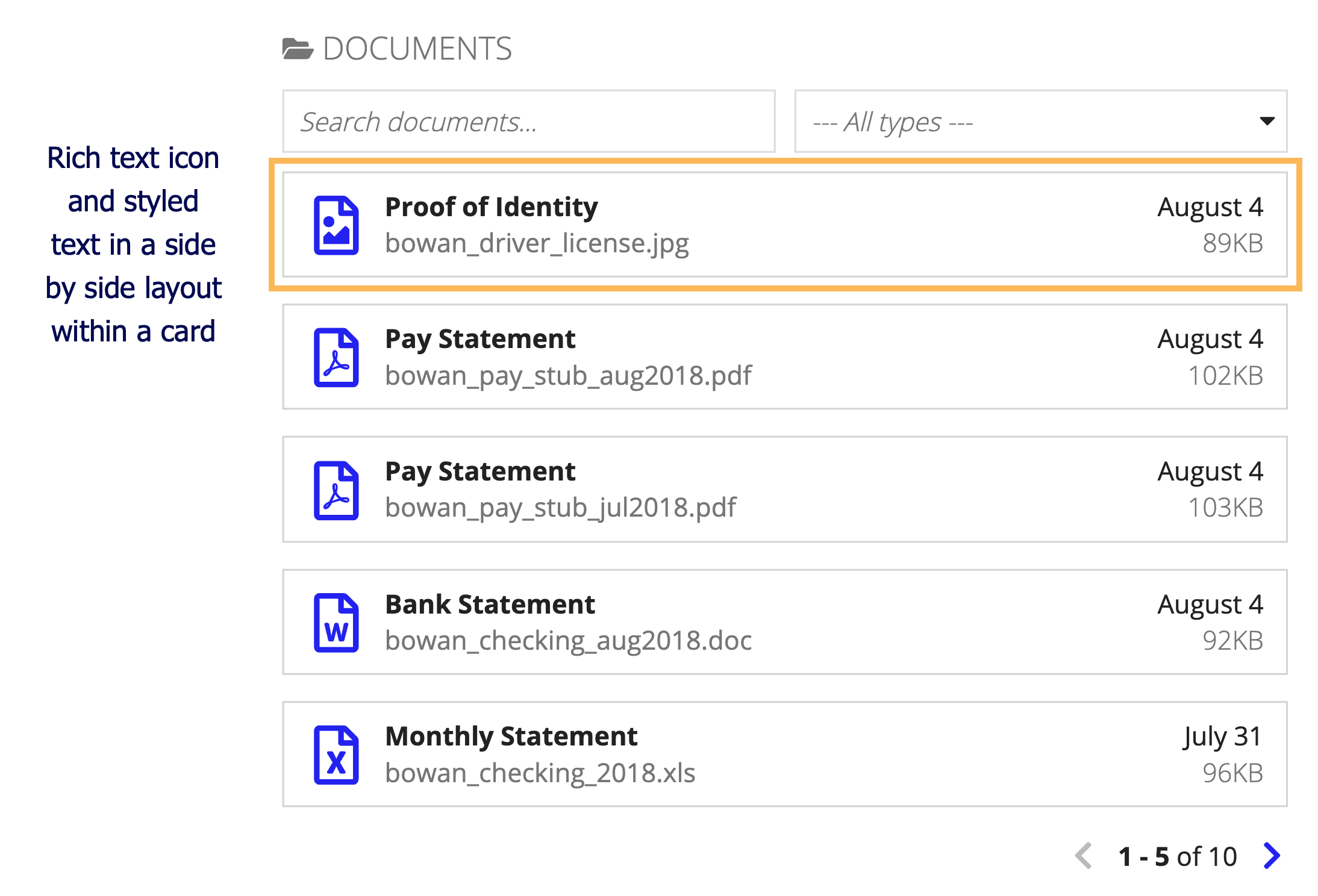 screenshot of the document list pattern with a callout highlighting that there are rich text items and icons in a side by side layout within a card