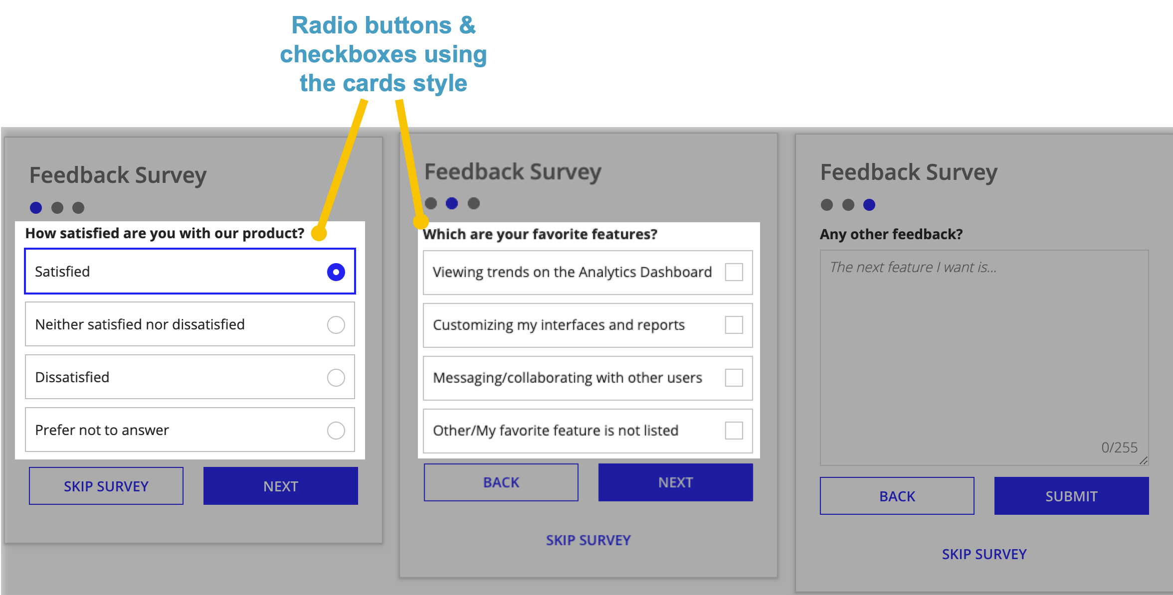 screenshot of the inline survey pattern showing all three survey pages with callouts highlighting the radio buttons and checkboxes using the Cards style.