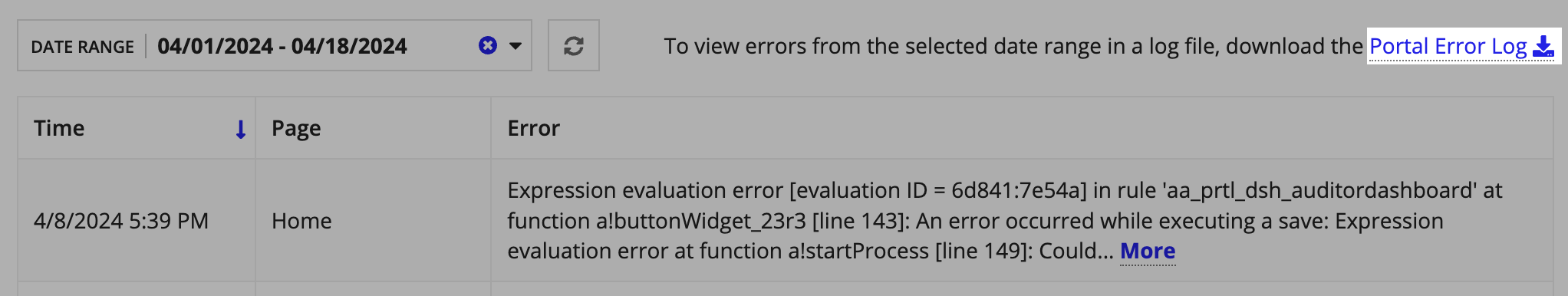 screenshot of an error grid with portal error log highlighted