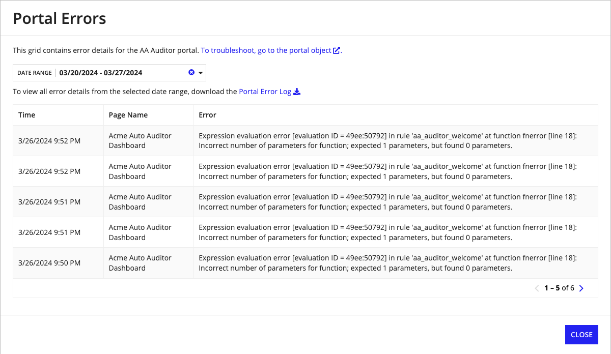 screenshot of portal error reporting dialog