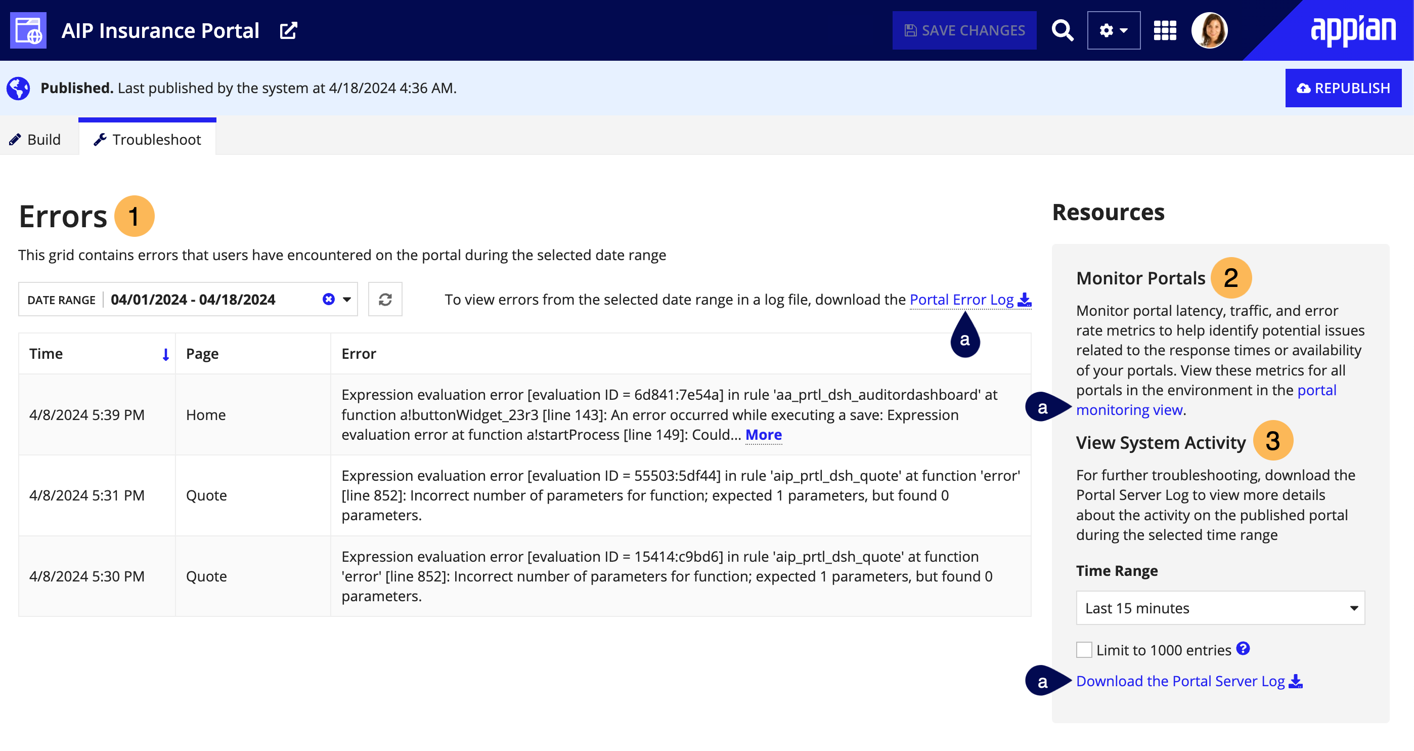 a screenshot of the Troubleshoot tab in a portal object with numbers to indicate where each section is