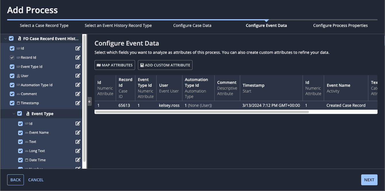  configure event data page showing selected fields and a preview of process data