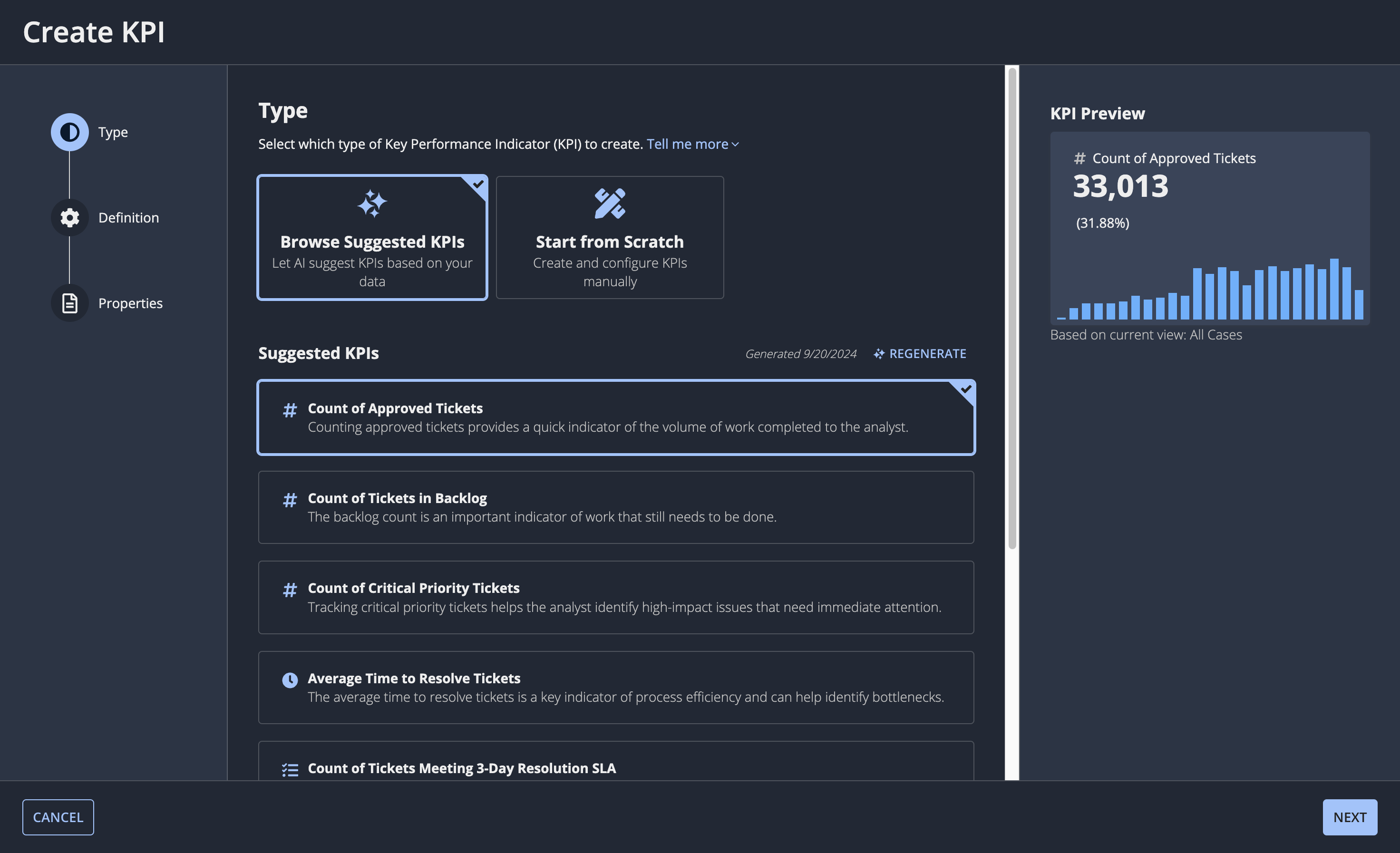 The Type step of the Create KPI dialog