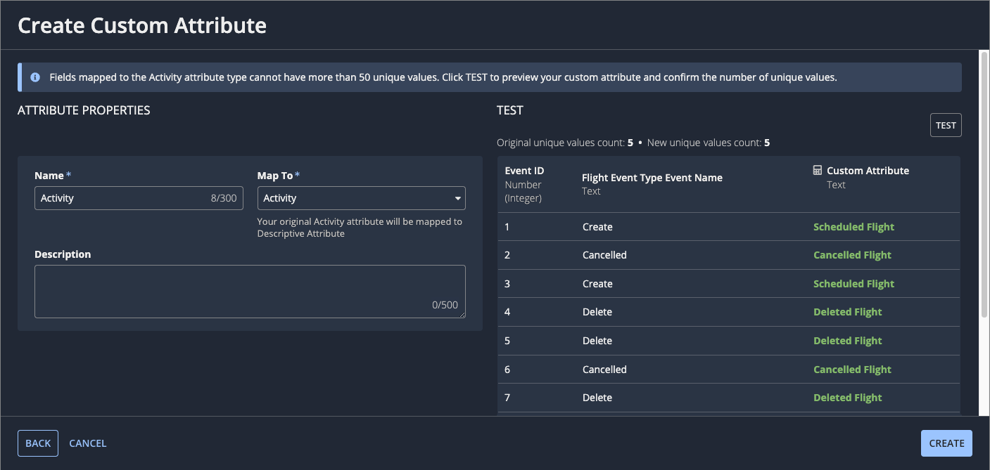 screenshot of the find and replace custom attribute properties page showing an example of how to name and map the custom attribute