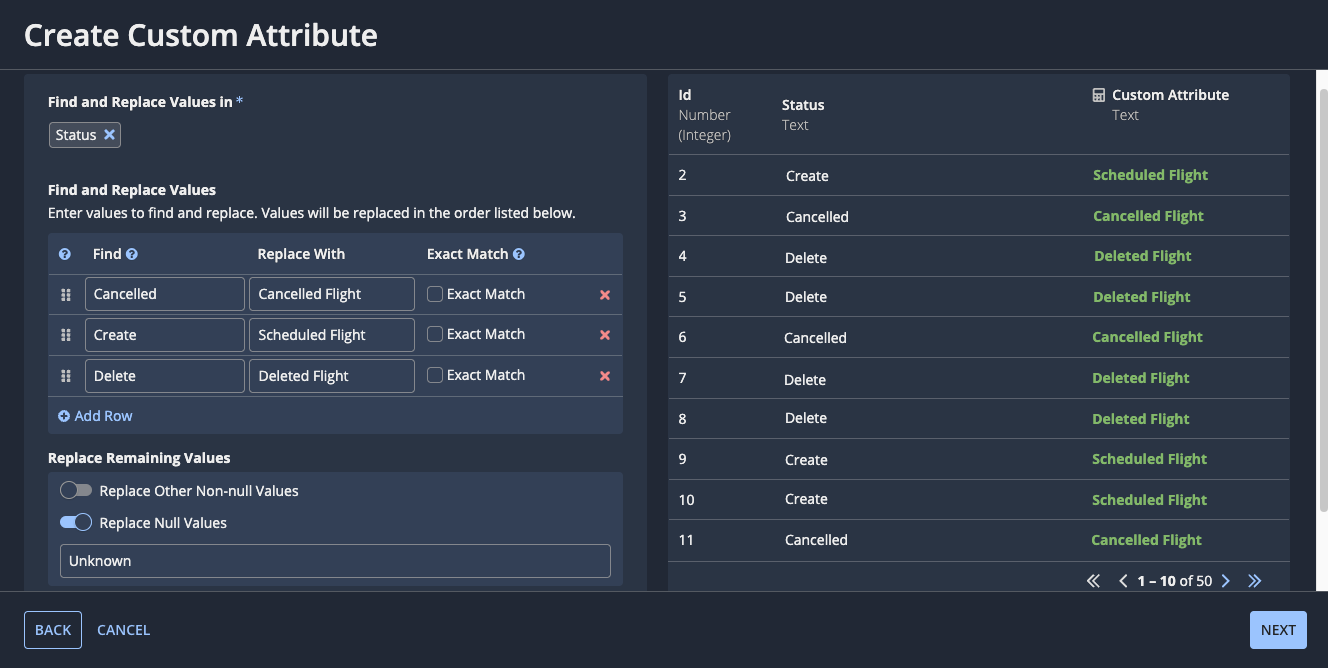 screenshot of the find and replace custom attribute page showing an example of how to replace activity names