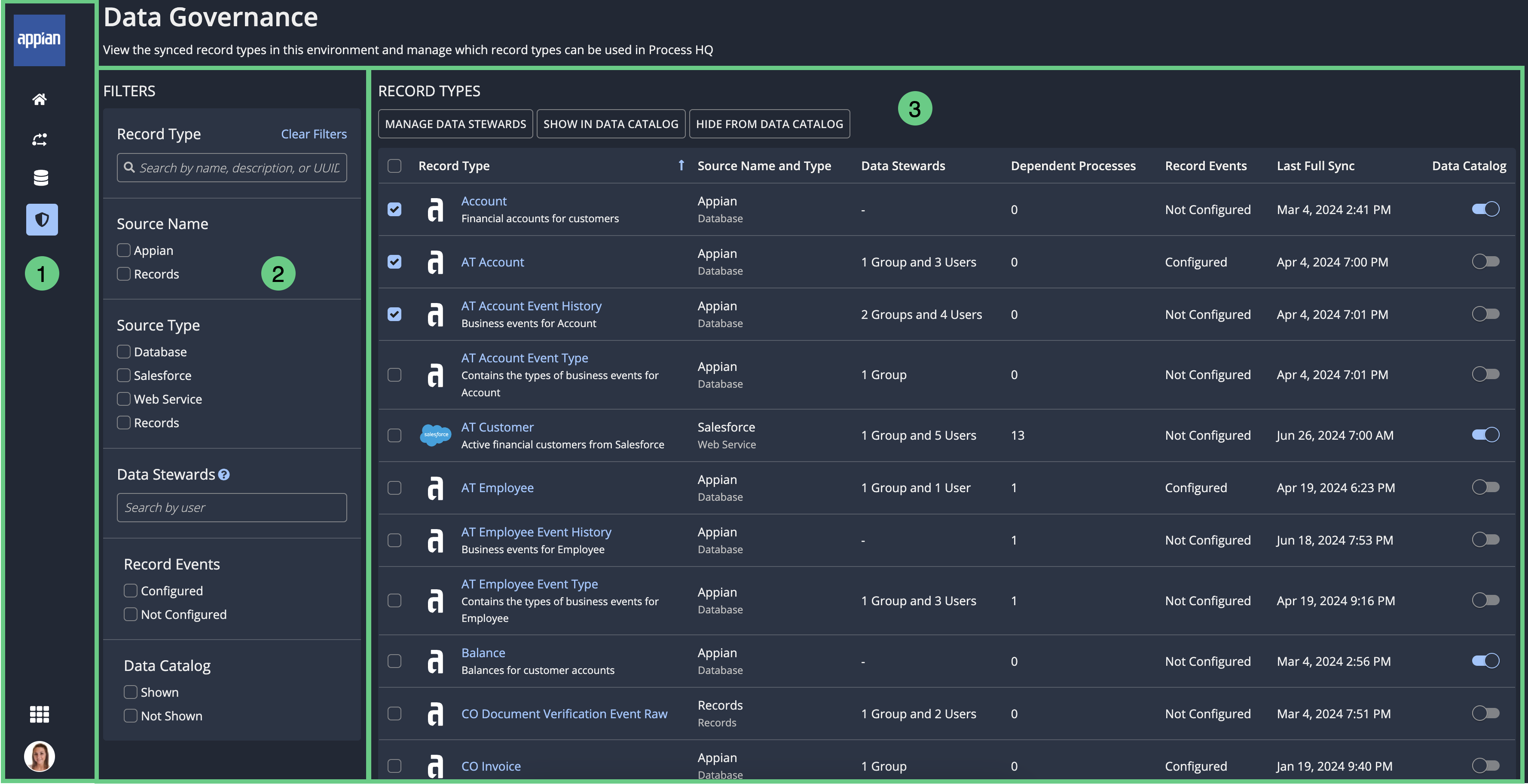 screenshot of the data governance page showing a list of record types and filter options