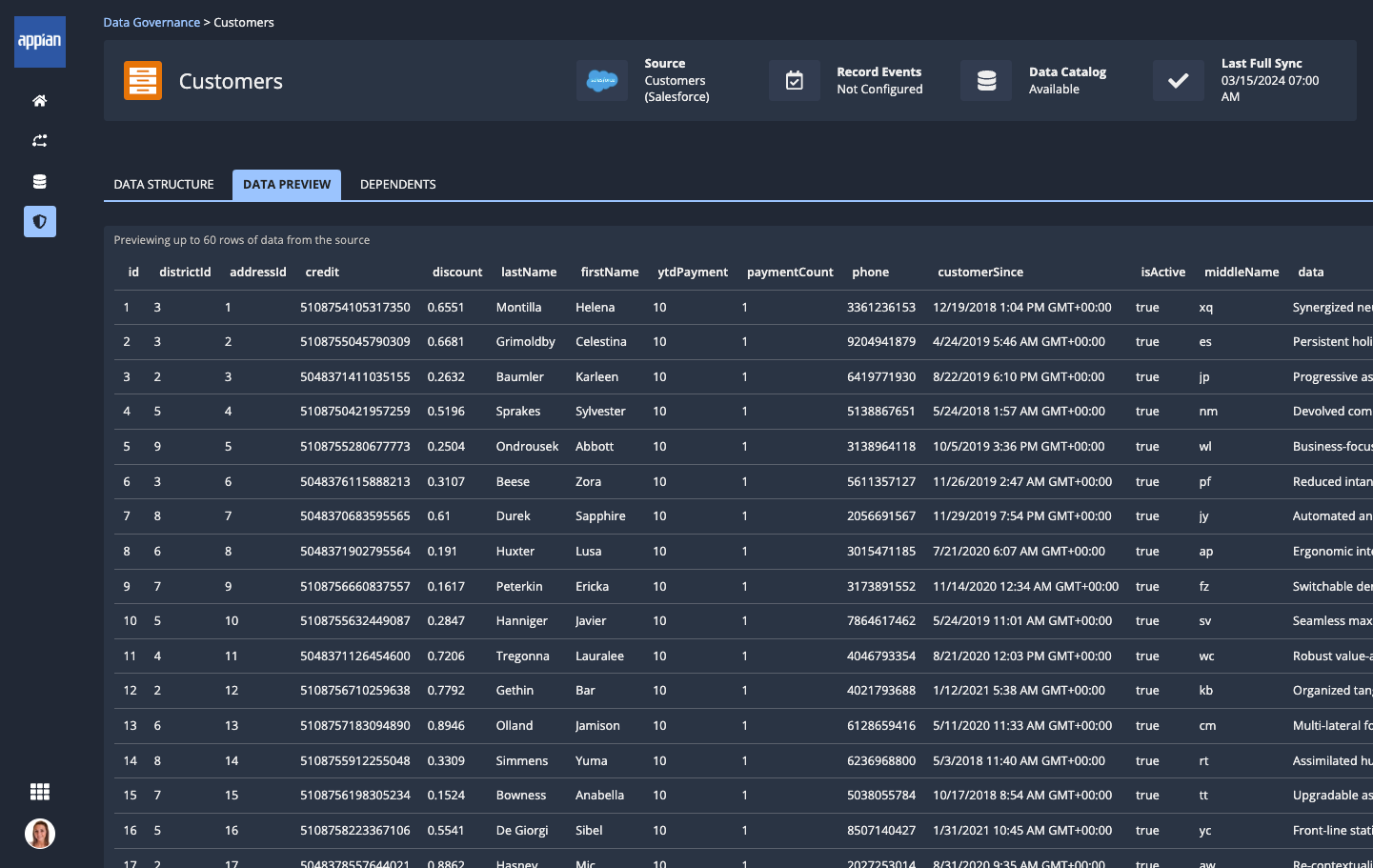 screenshot of the record type details data preview tab showing a preview of record data