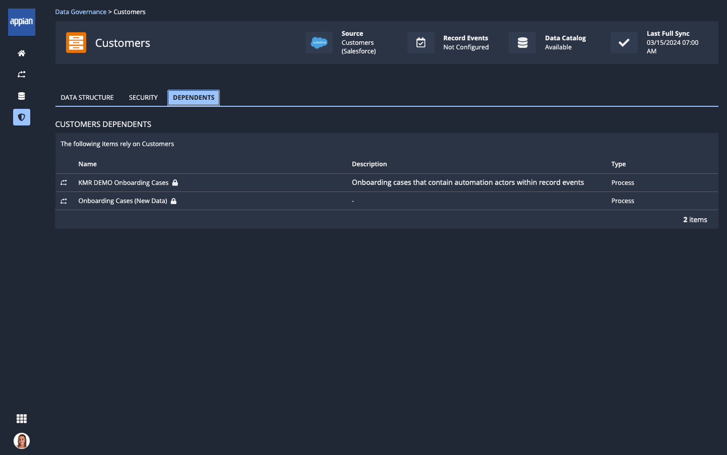 screenshot of the record type details dependents tab showing the processes that rely on the record type