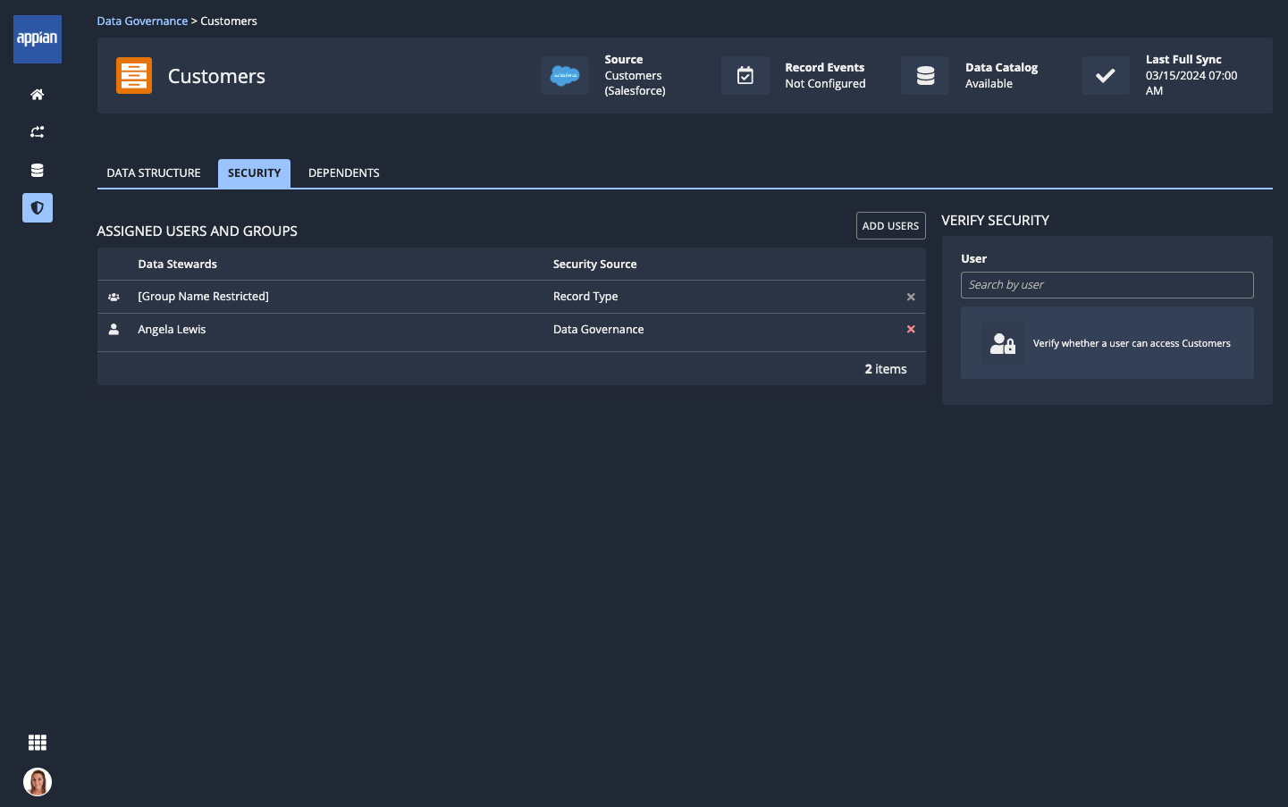 screenshot of the record type details security tab showing the data stewards assigned to the record type