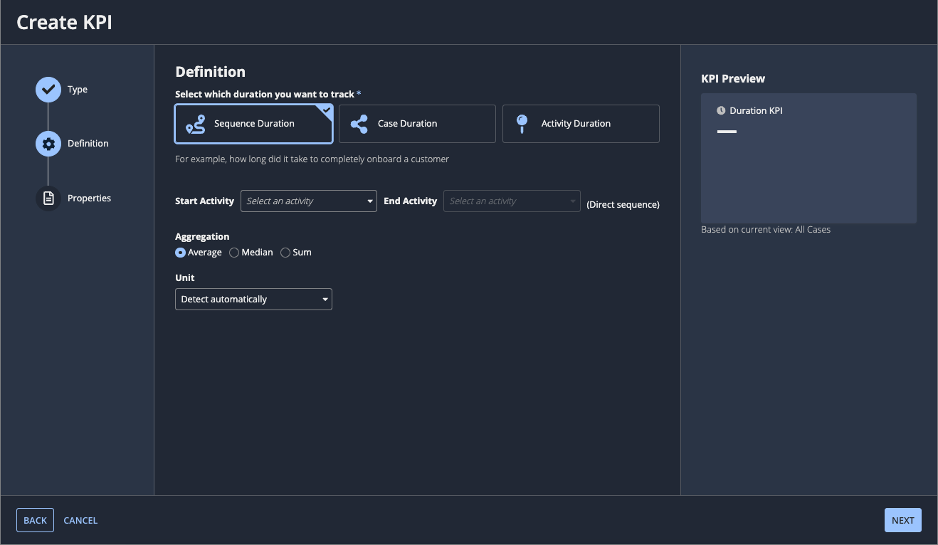 The duration KPI definition step in the Create KPI dialog