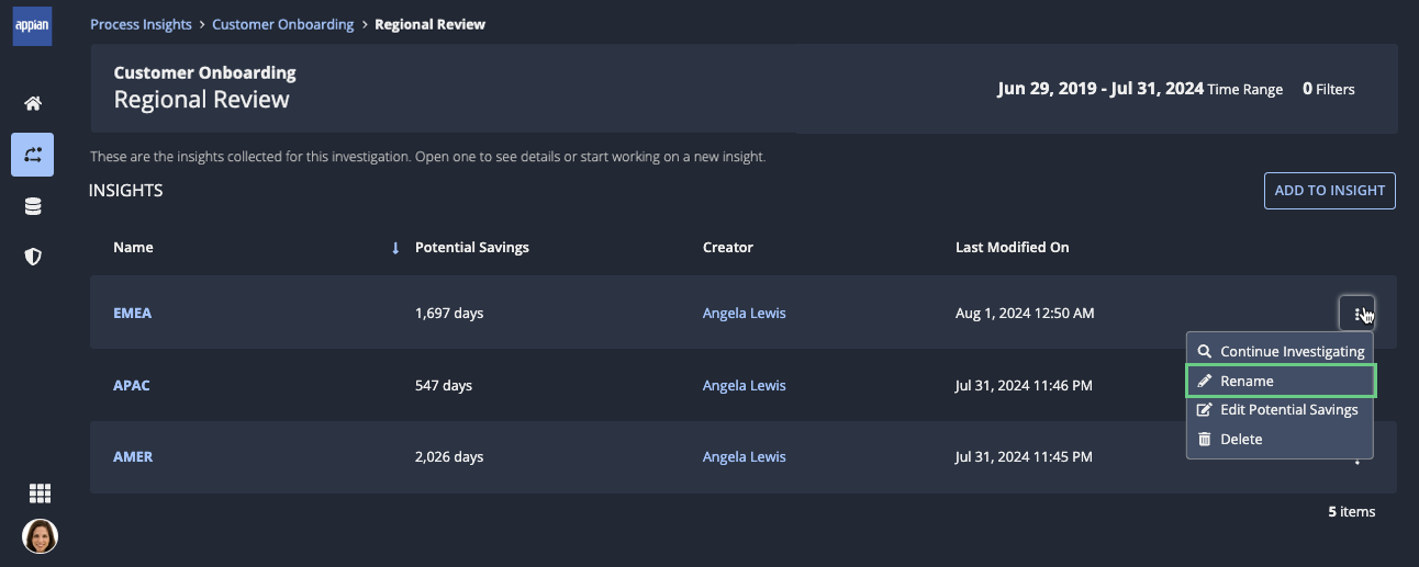 An insight in the saved investigation page with the Rename menu option highlighted