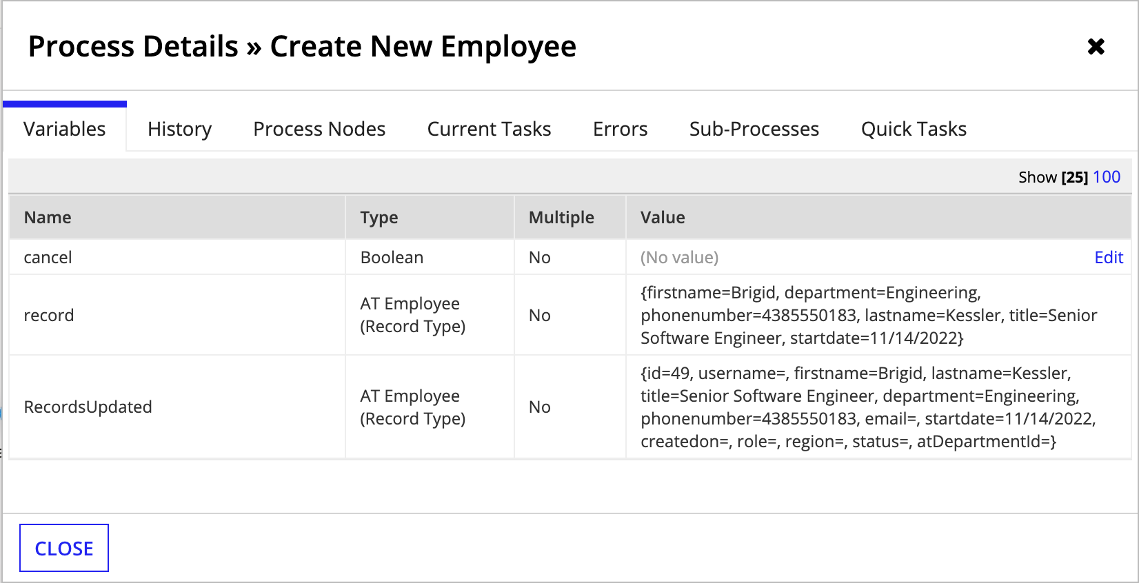 Process details for complete process