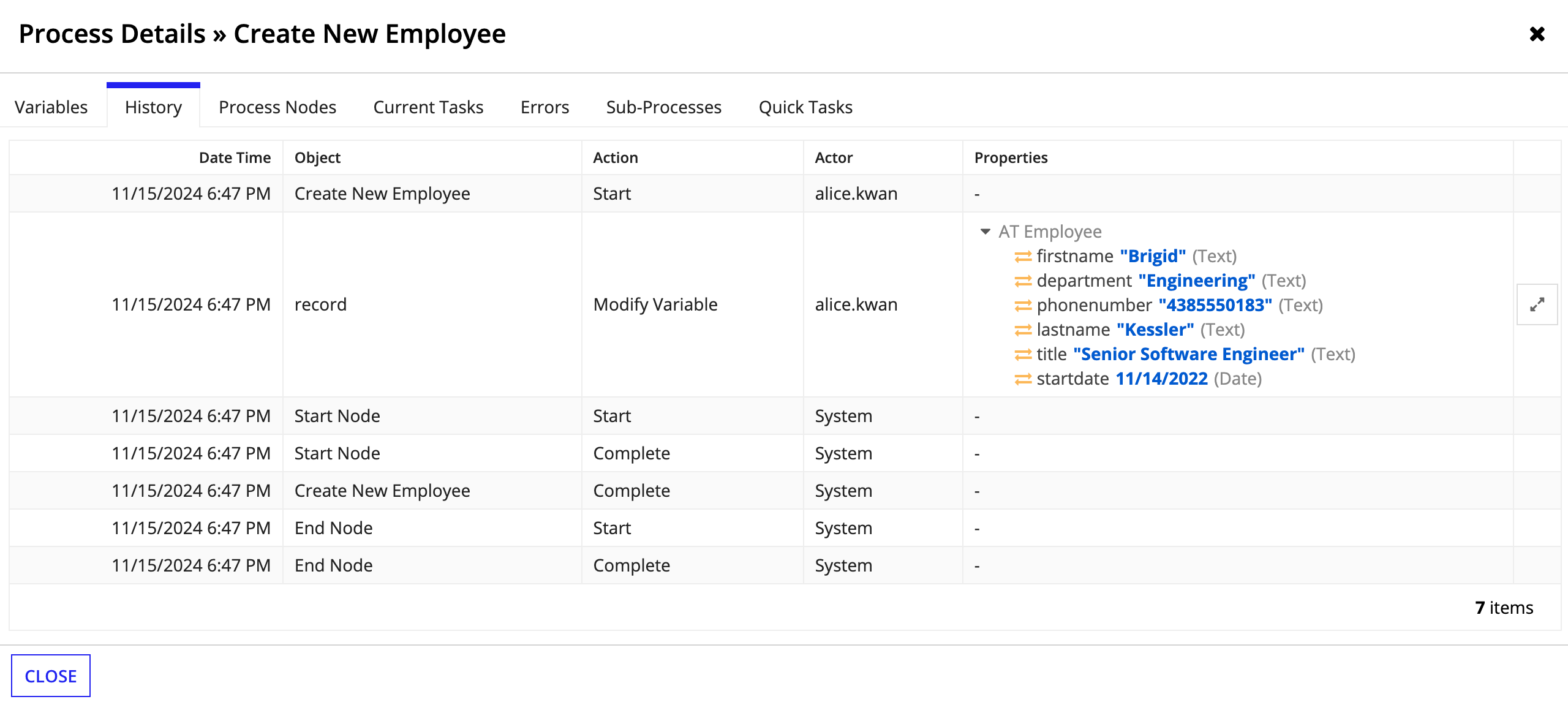 Process Details Variables tab