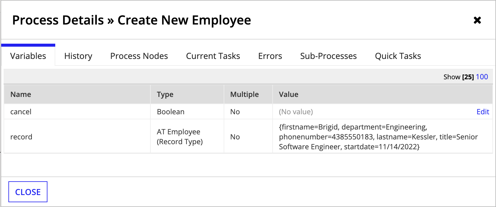 Process Details Process History tab