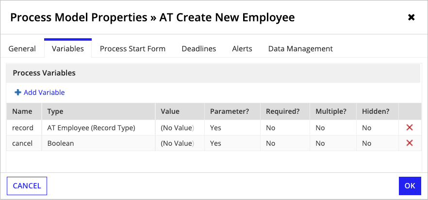 cancel and record variables defined in the Variables tab of the process model properties dialog