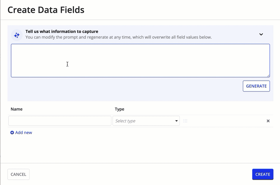 Gif of generating the names and data types for data fields