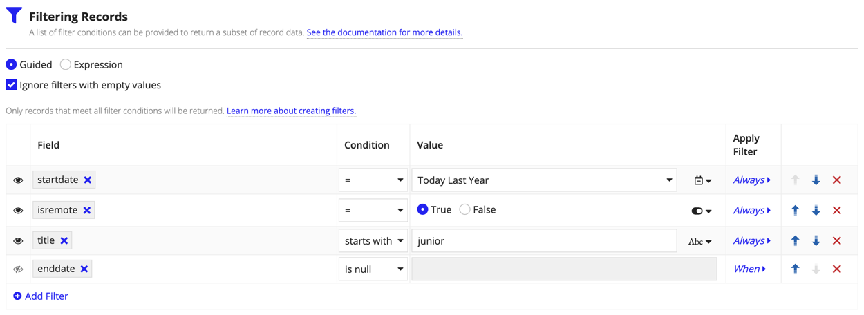 Filtering records using guided mode