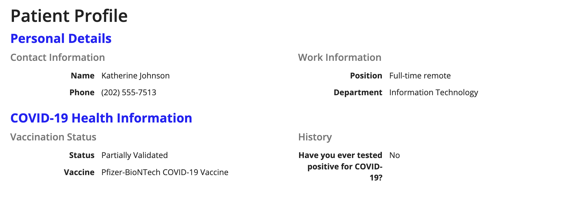 screenshot of nested section layouts with patient information