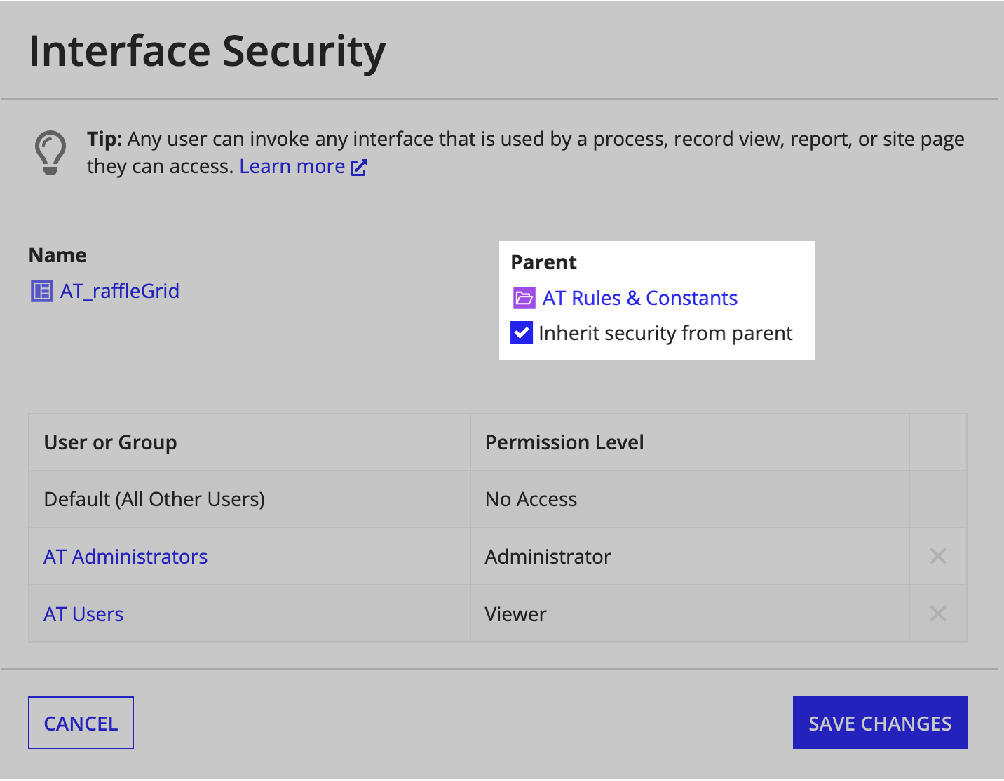 /security dialog child interface inheriting security