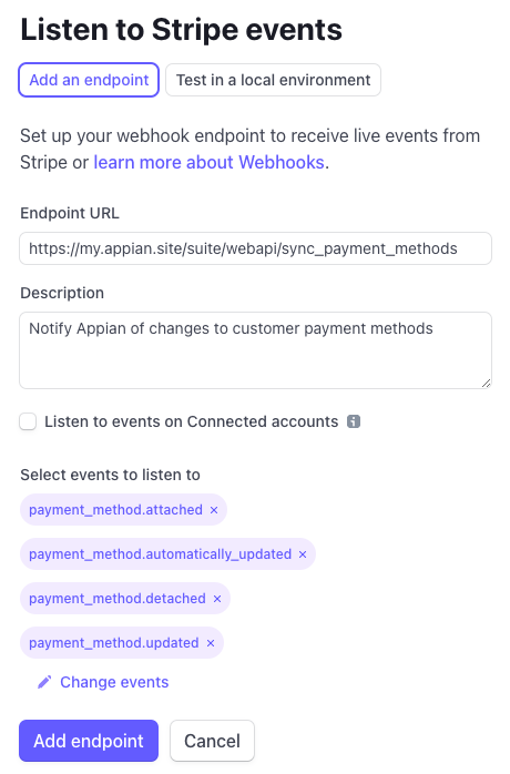 Stripe webhook configuration