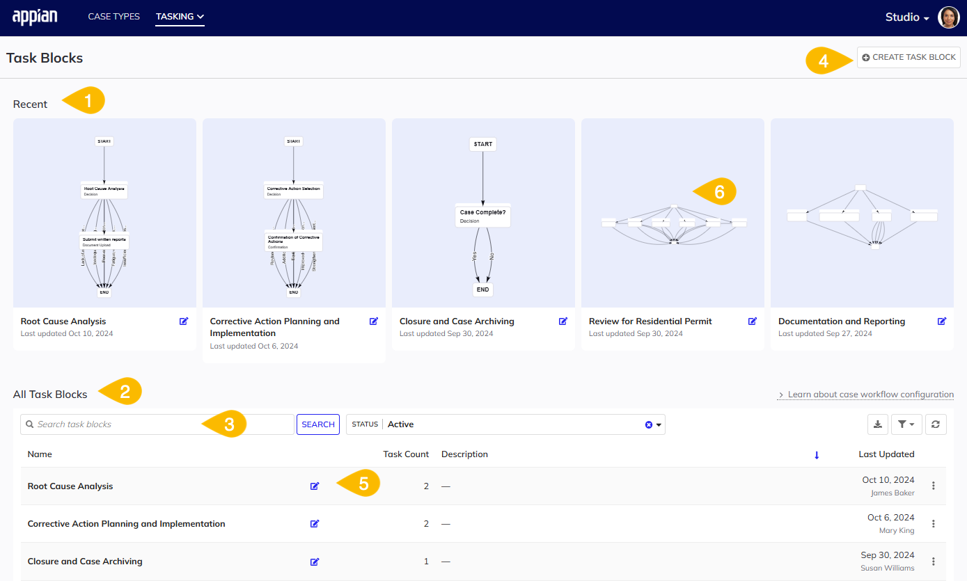 annotated screenshot of the Task Blocks page