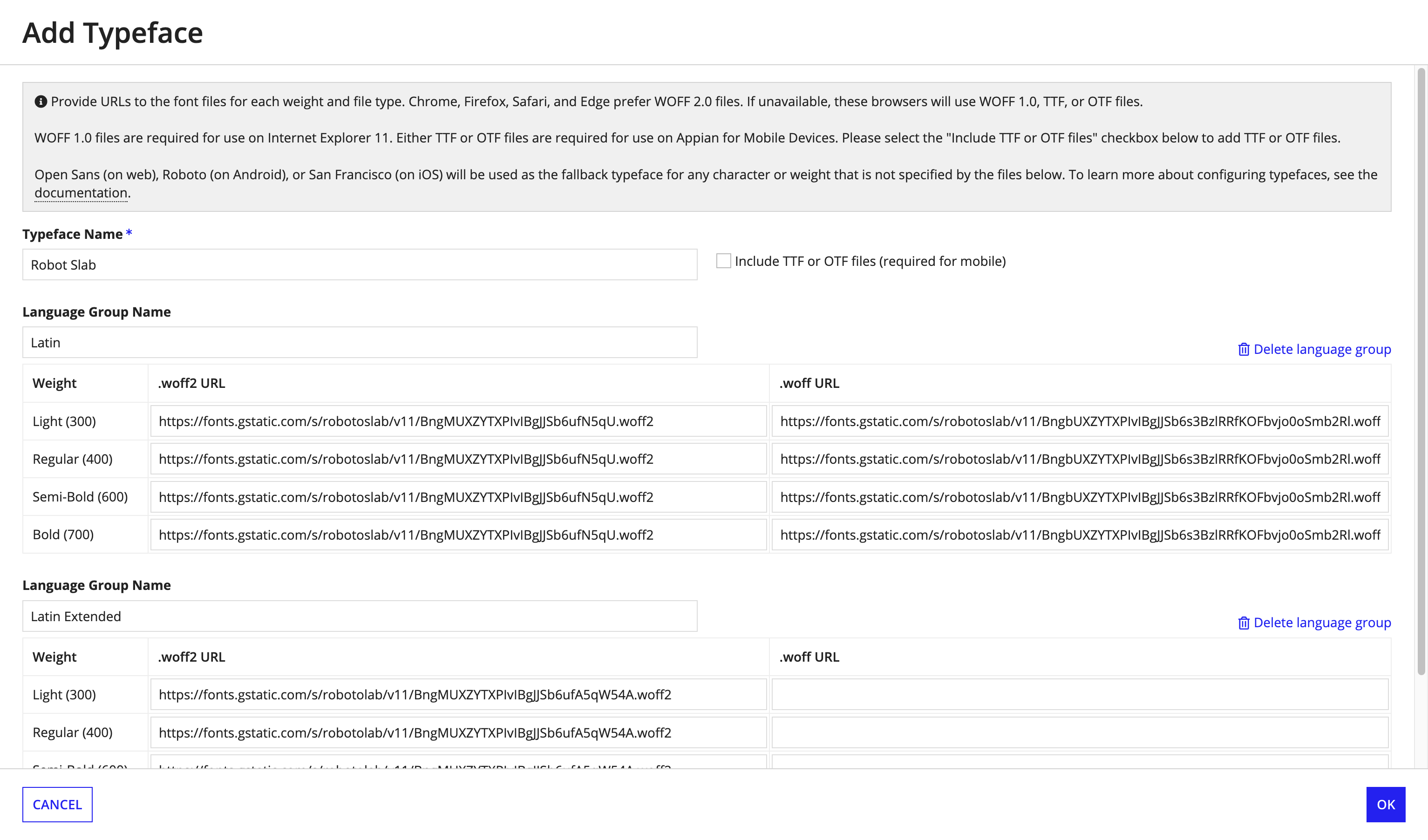 screenshot of the typefaces weights grid with all the present URLS for Roboto Slab