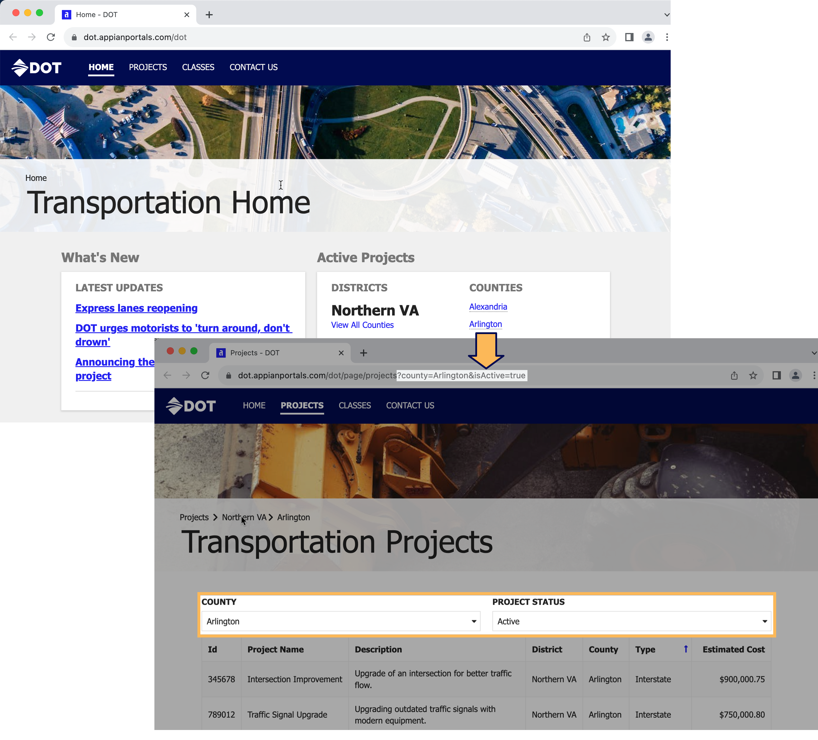 Example of linking to a filtered grid