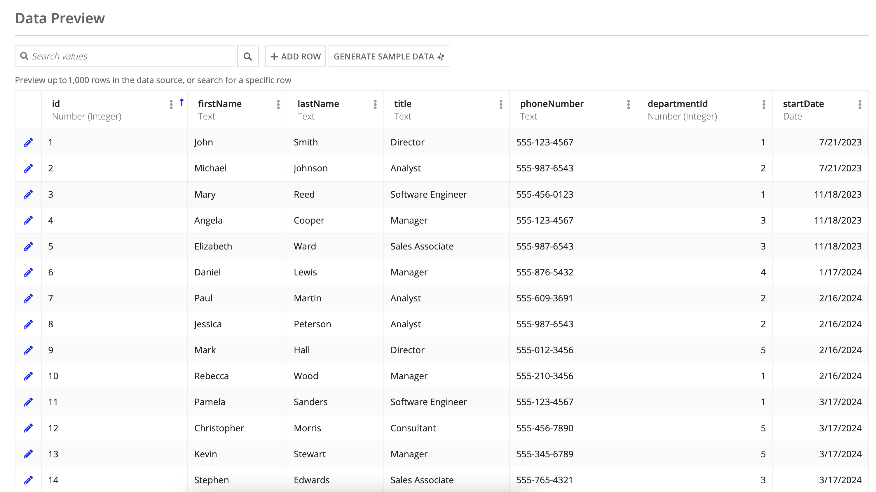 Data preview of Employee record type