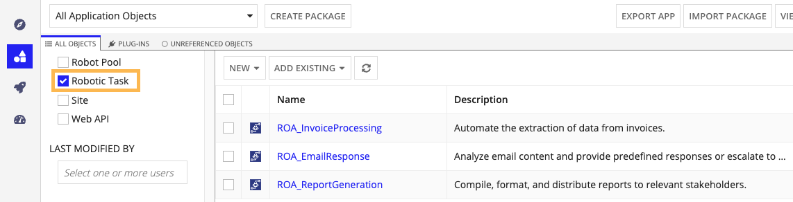 screenshot of robotic tasks in Appian Designer