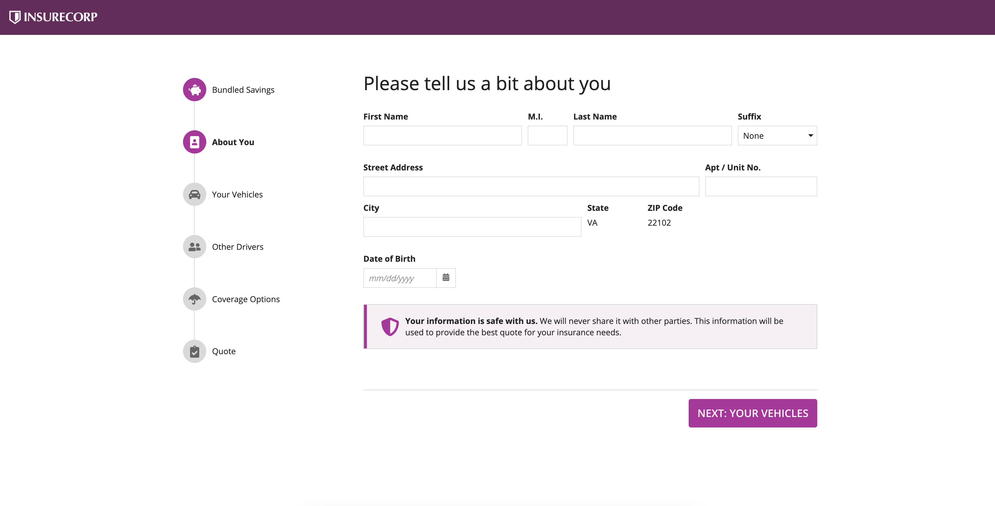 Example of an insurance quote form step that asks for user information.