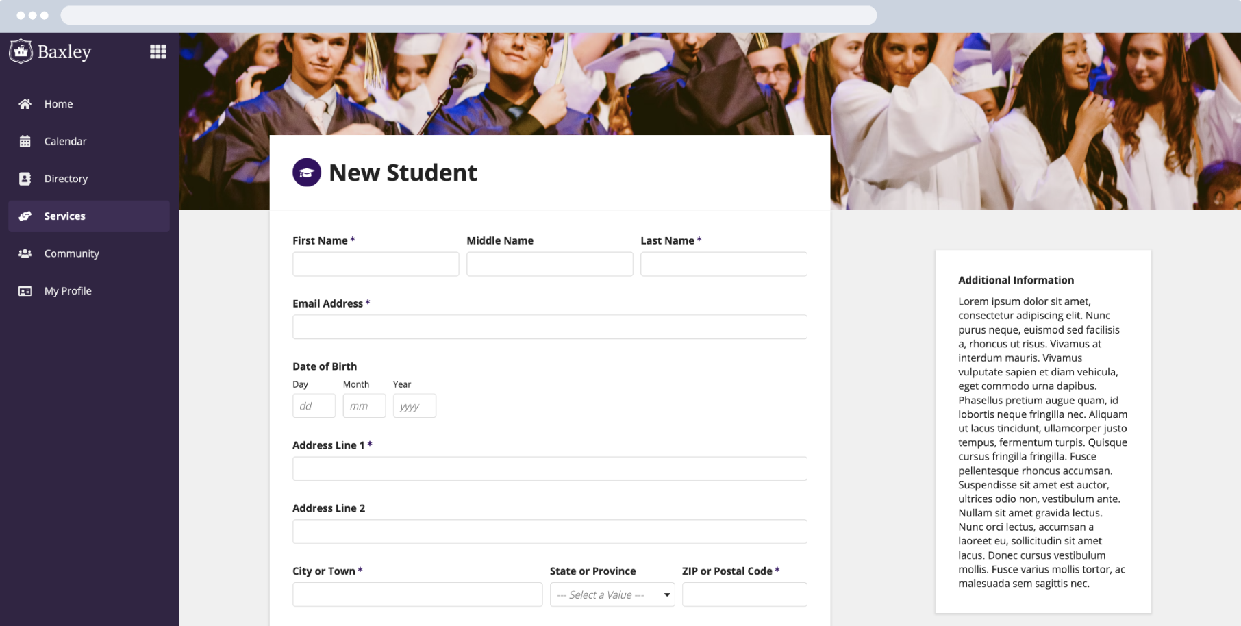 Example of a form to register a new student.