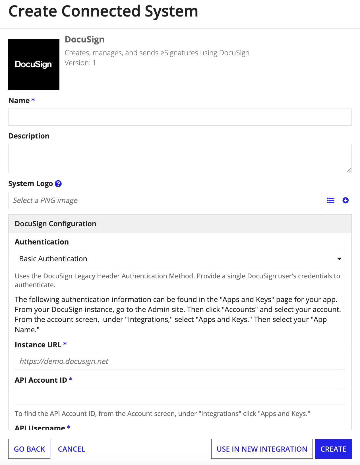 screenshot of the Basic Authentication method selected in a DocuSign connected system object