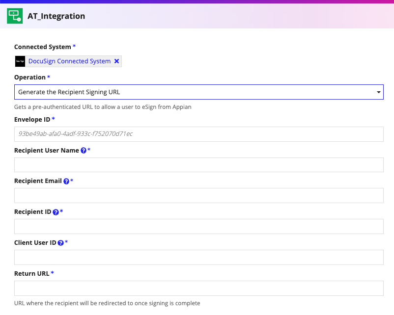 screenshot of the Generate the Recipient Signing URL operation selected in a DocuSign integration object
