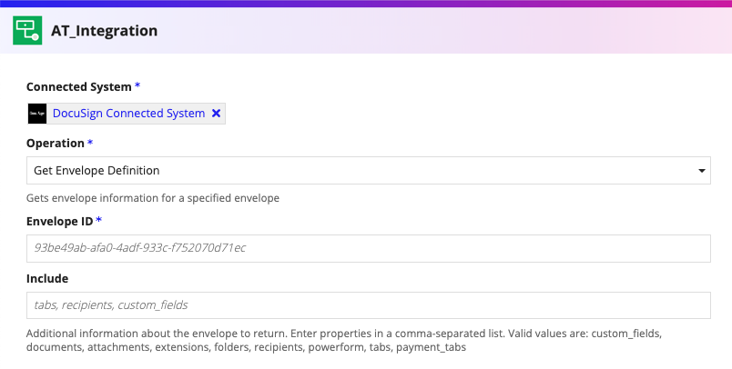 screenshot of the Get Envelope Definition operation selected in a DocuSign integration object