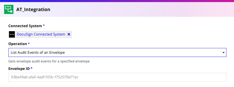 screenshot of the List Audit Events of an Envelope operation selected in a DocuSign integration object