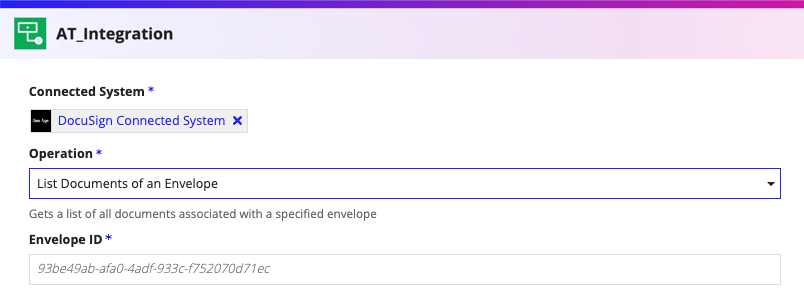 screenshot of the List Documents of an Envelope operation selected in a DocuSign integration object