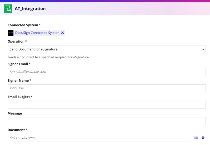 screenshot of the Send Document for eSignature operation selected in a DocuSign integration object