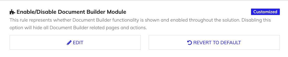 Enable/Disable Document Builder Module customization card showing "Customized" status with EDIT and REVERT TO DEFAULT buttons