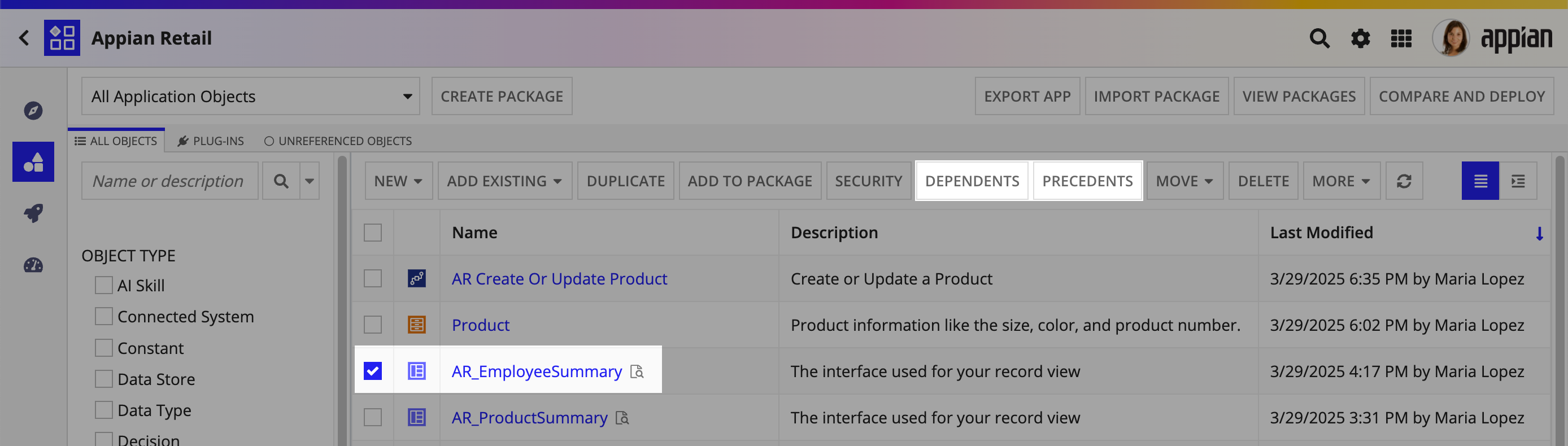 precedents dependents select main toolbar