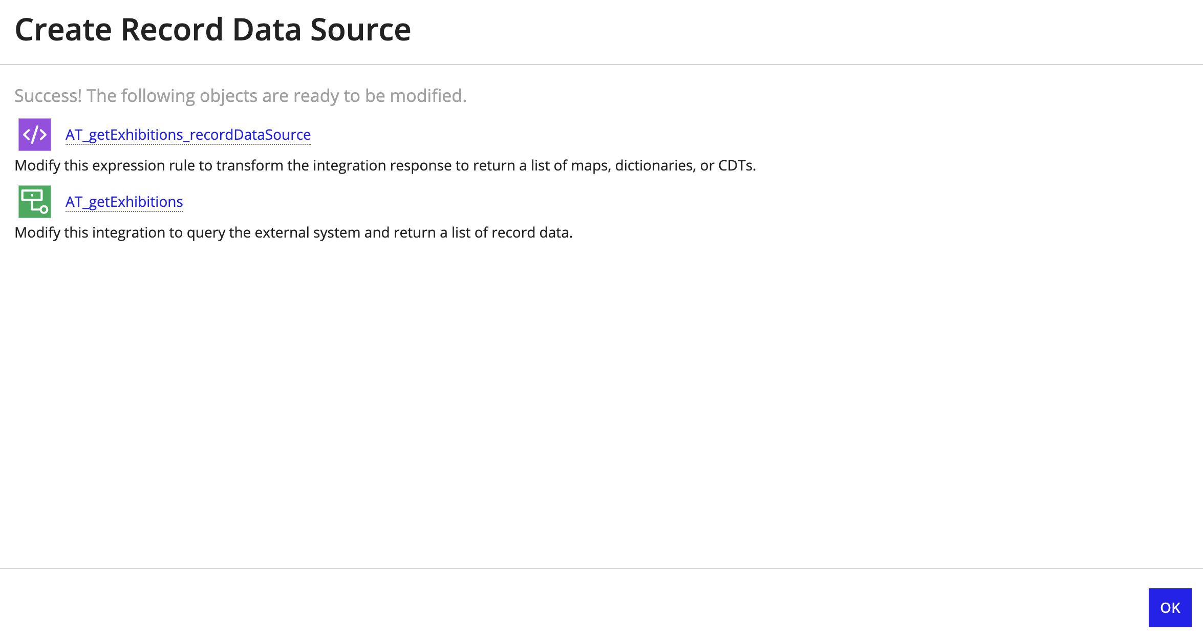 Created record data source objects