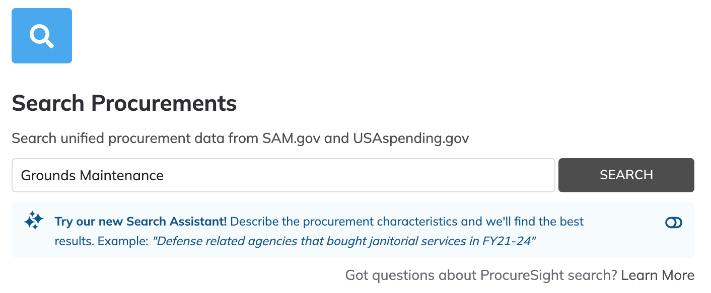 ProcureSight search screen with a search query.