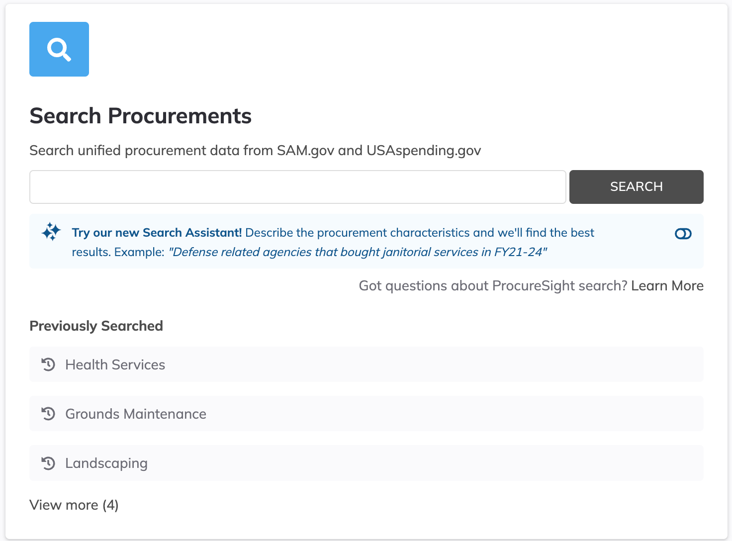 ProcureSight search interface, showing search field and previously searched terms.