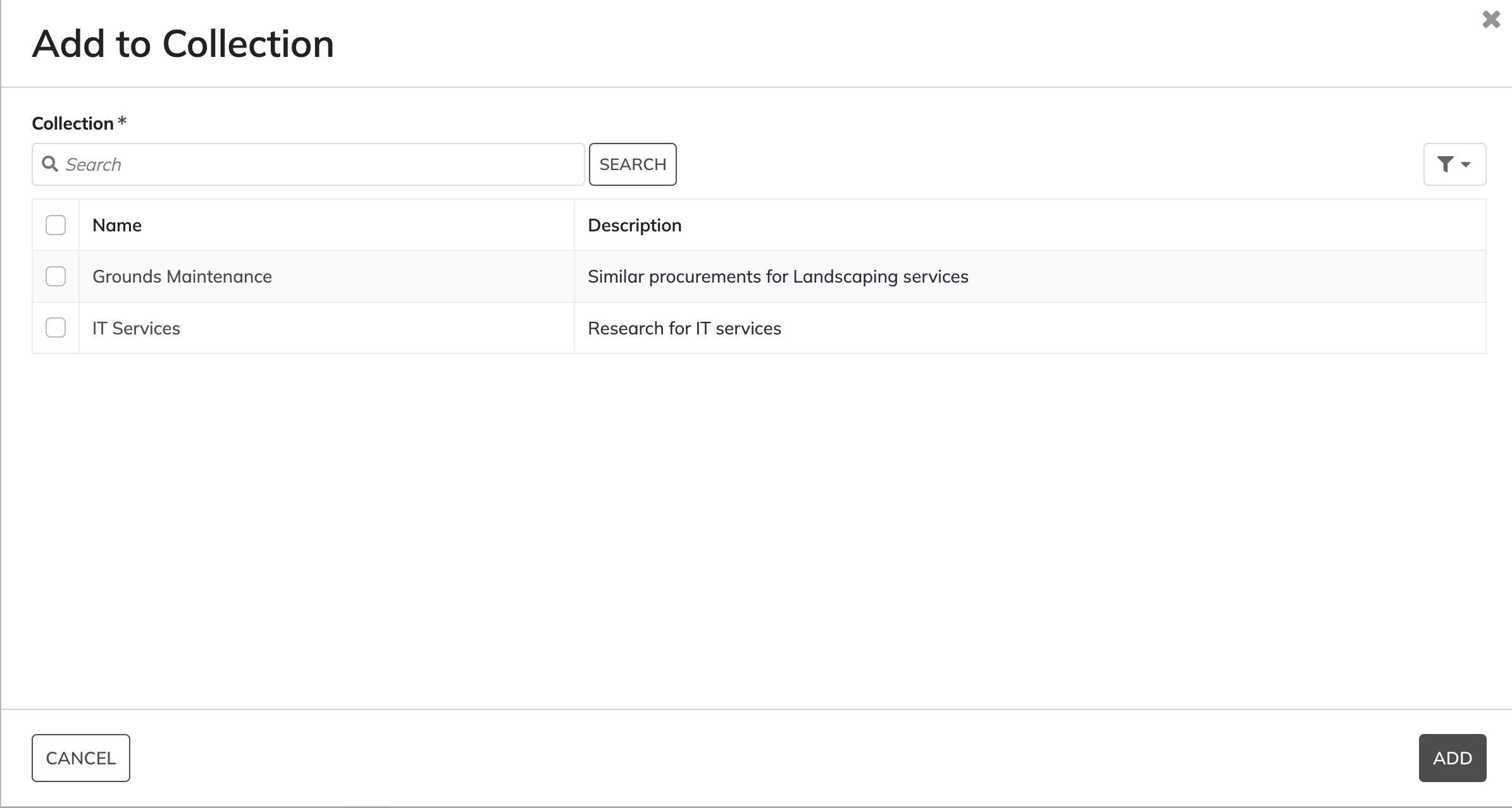 ProcureSight: Add to Collection dialog with collection list and search.