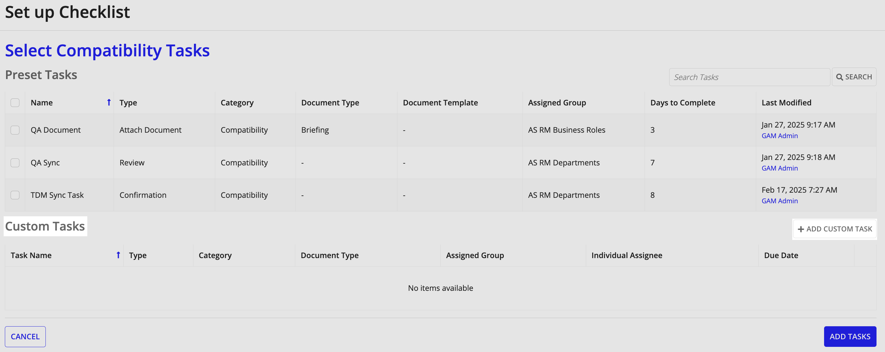 Set up Checklist wizard for selecting preset and adding custom tasks.