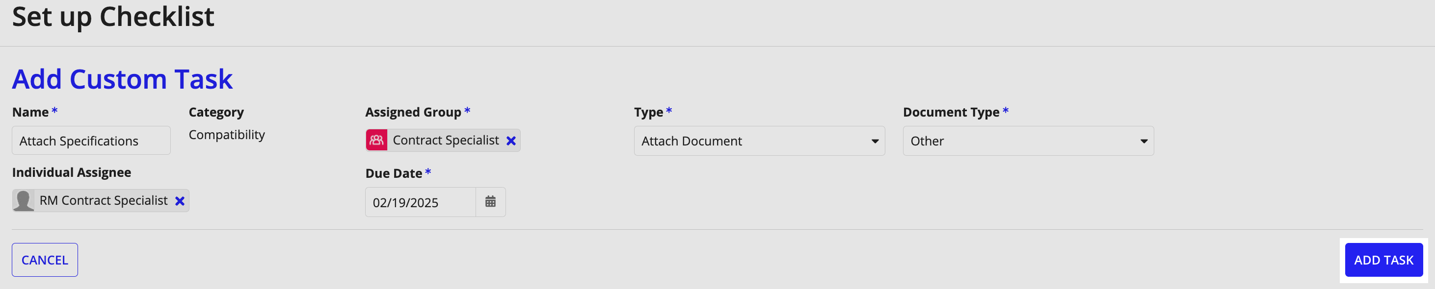 Add Custom Task wizard with pre-filled fields for a document attachment task.