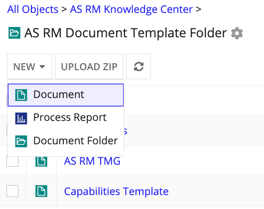 Select 'Document' from 'NEW' menu to add a template.