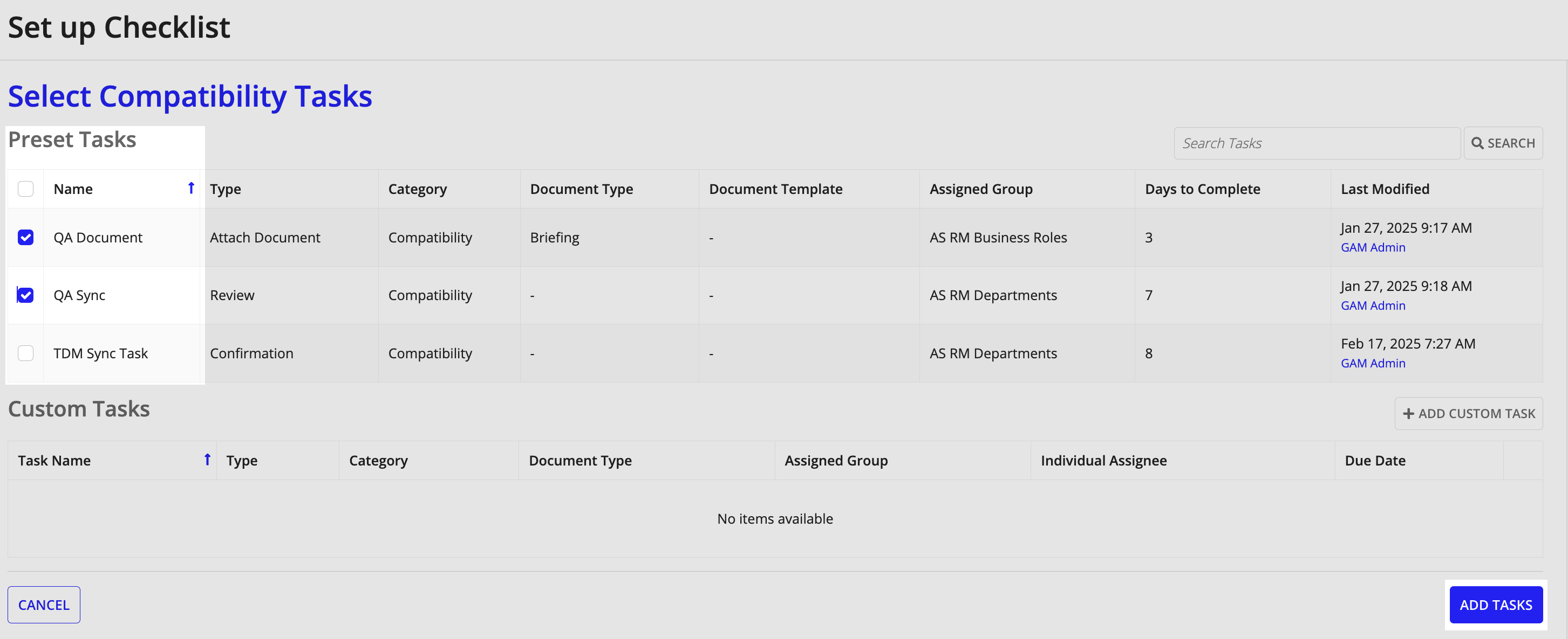 Selecting preset compatibility tasks in the Set up Checklist wizard.