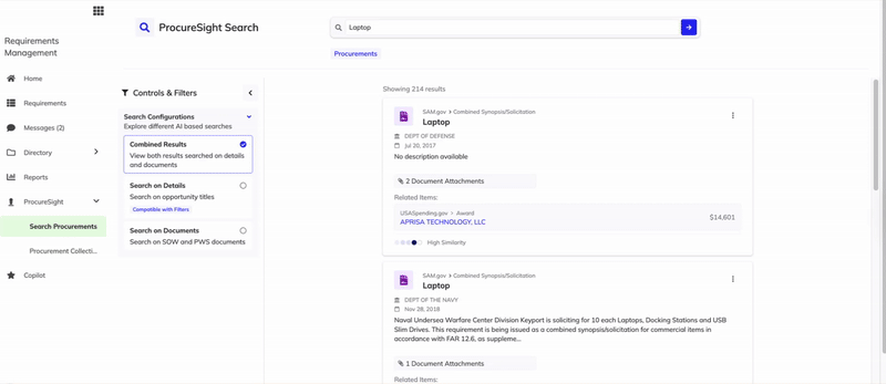 ProcureSight: Context menu to add procurement to collection or save to requirement.